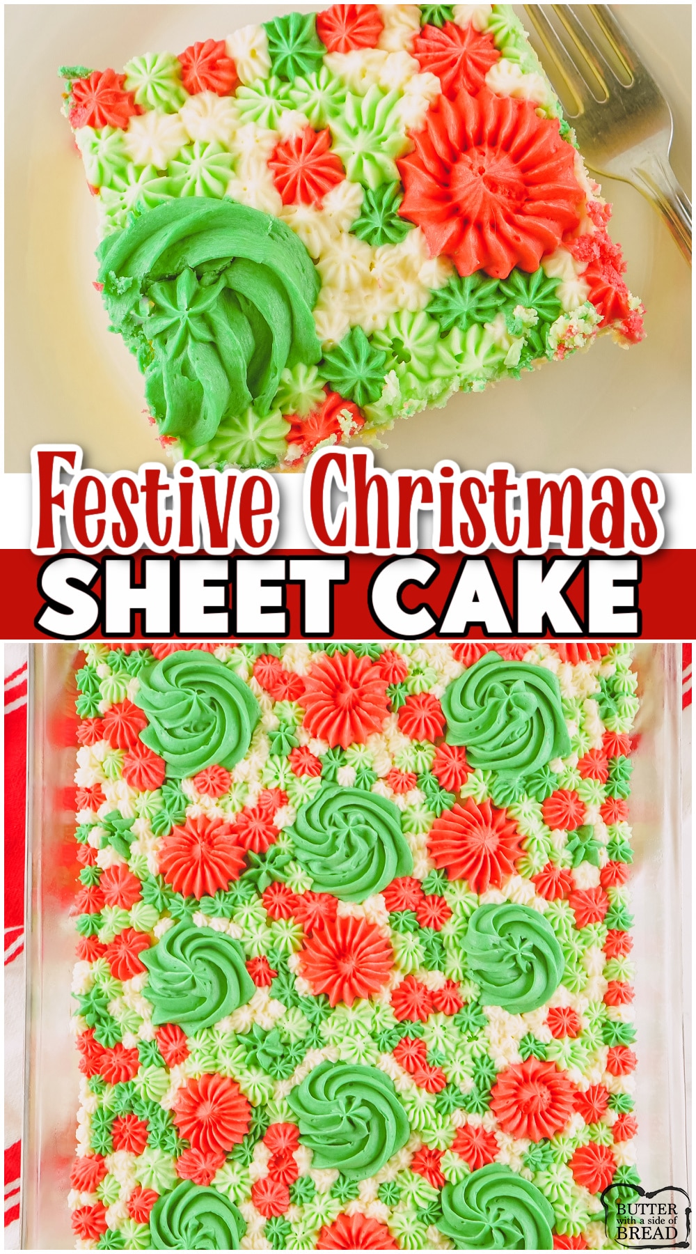 Lovely Christmas Sheet Cake made from scratch & sure to impress! Festive holiday colors abound in this delightful 9x13 sheet cake recipe. 