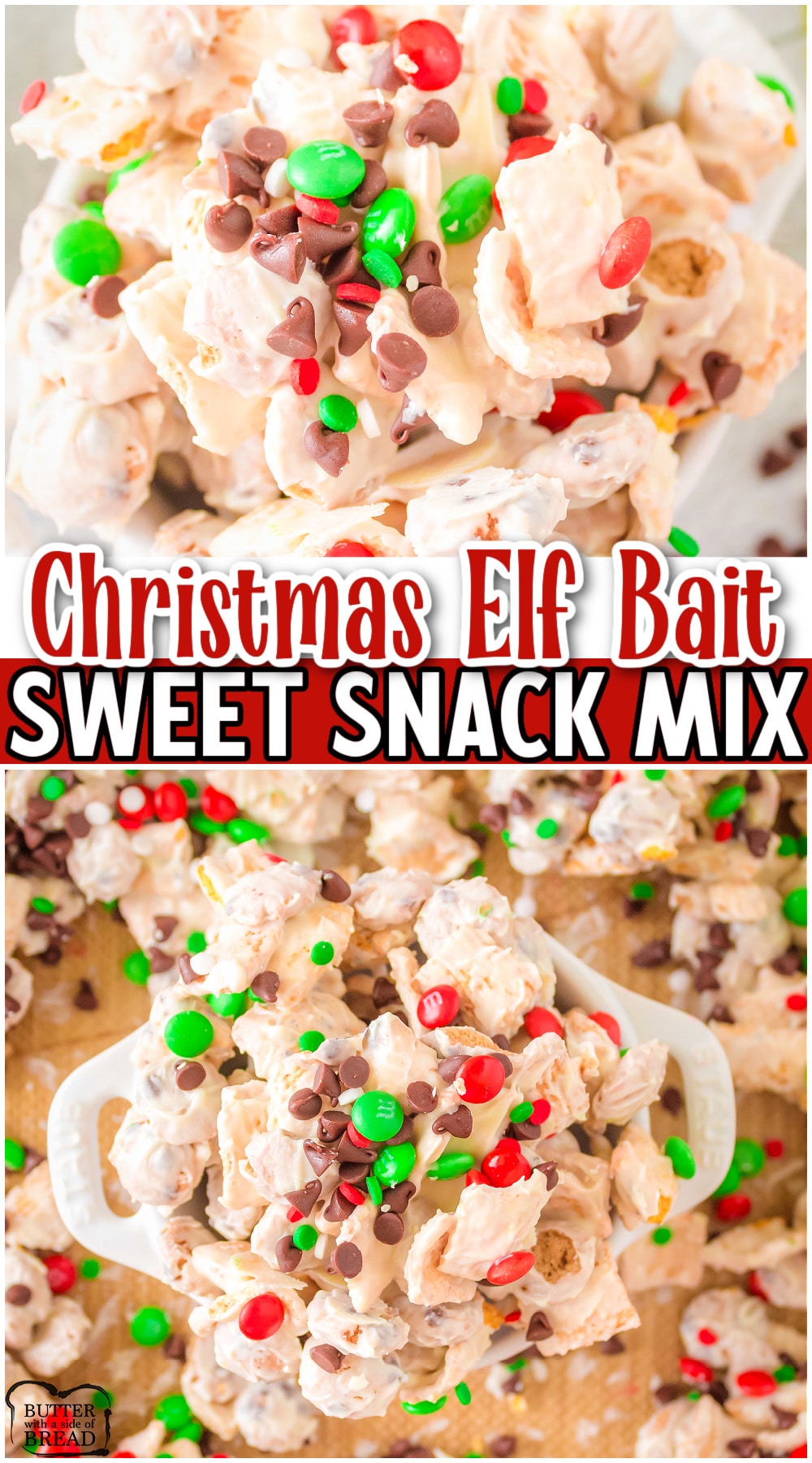 Elf Bait Christmas Snack Mix made with 3 cereals coated in white chocolate & tossed with M&M's and sprinkles! Simple, fun sweet snack mix perfect for parties & holiday gifts! 