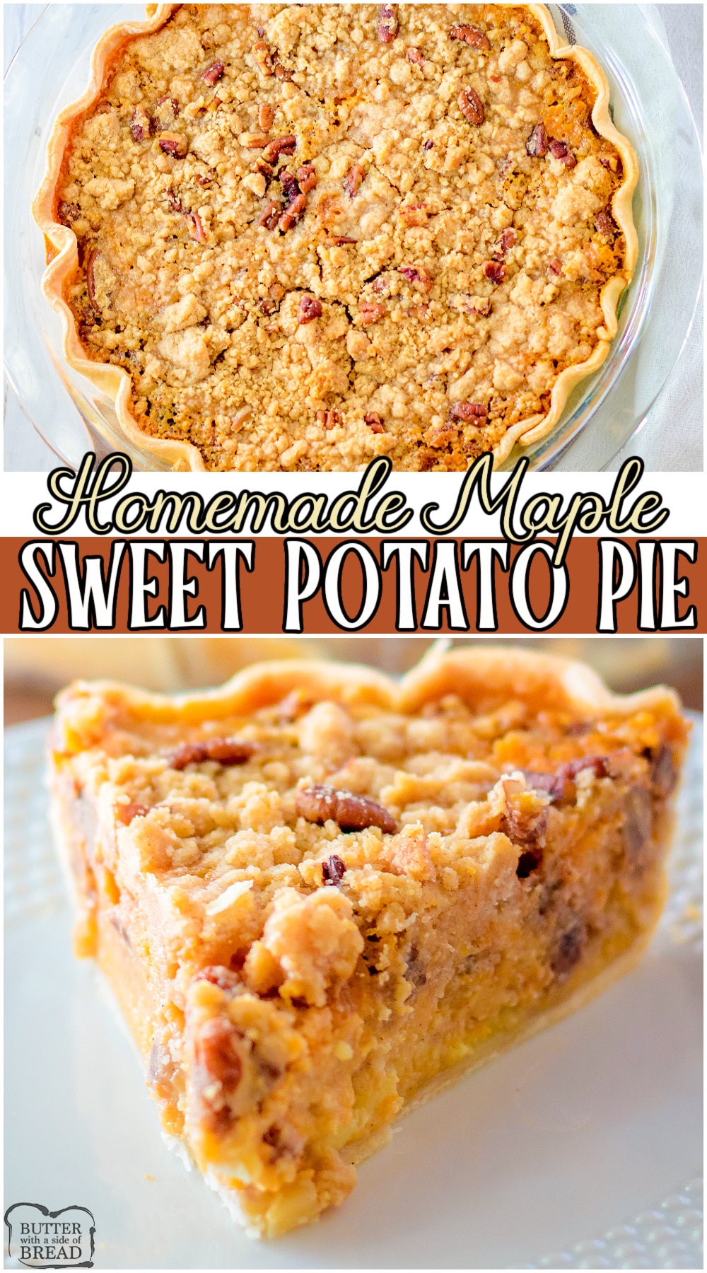 Maple sweet potato pie made with a homemade flaky crust, pecans, sweet potatoes & brown sugar cinnamon streusel topping! Fantastic flavor in this classic sweet potato pie recipe that everyone loves! 