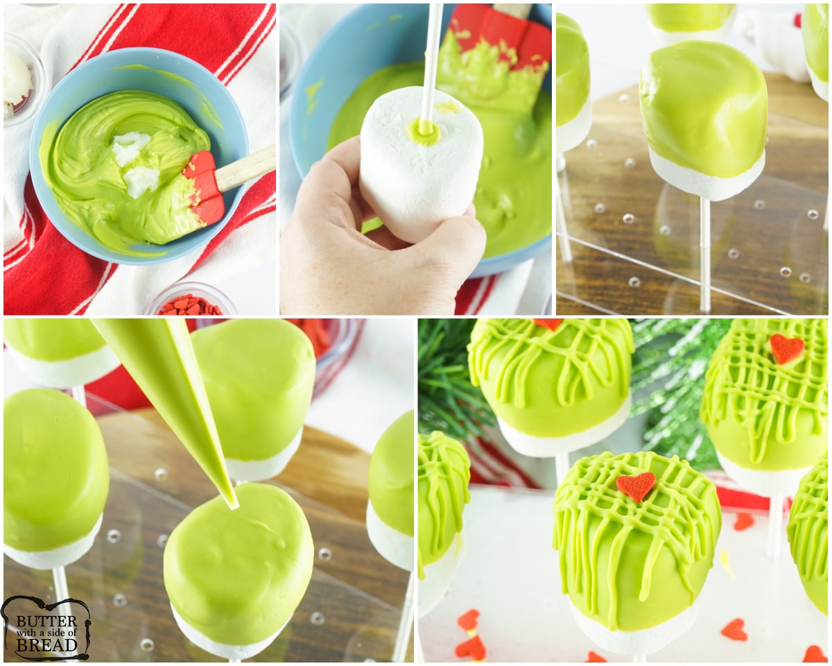 how to make Christmas Grinch Marshmallow Pops