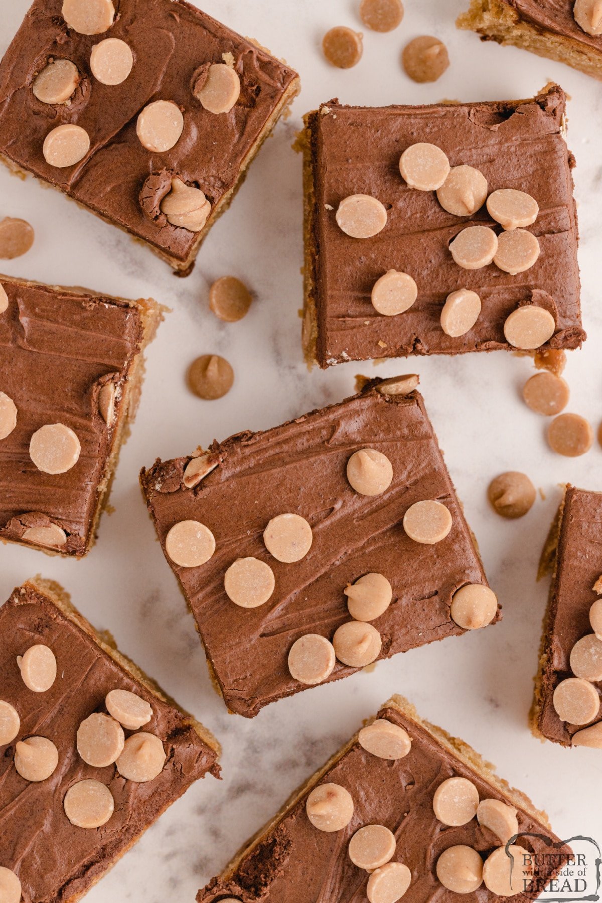 Thick peanut butter bars topped with chocolate frosting