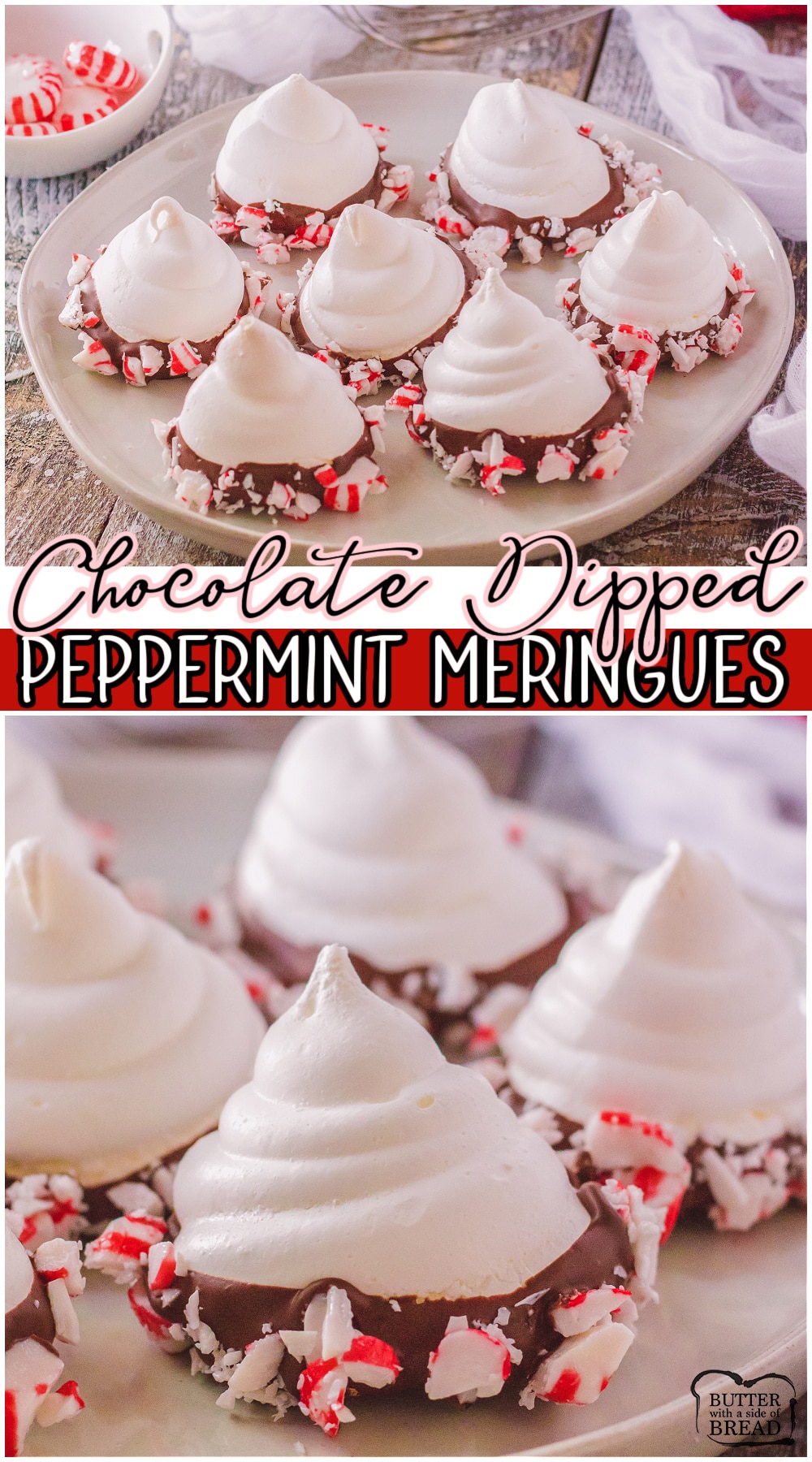 Chocolate Dipped Peppermint Meringues made with egg whites, sugar & peppermint extract for an enjoyable cookie that's both low fat & low cal! Meringues are so easy to make & the chocolate peppermint addition is pure indulgence! 