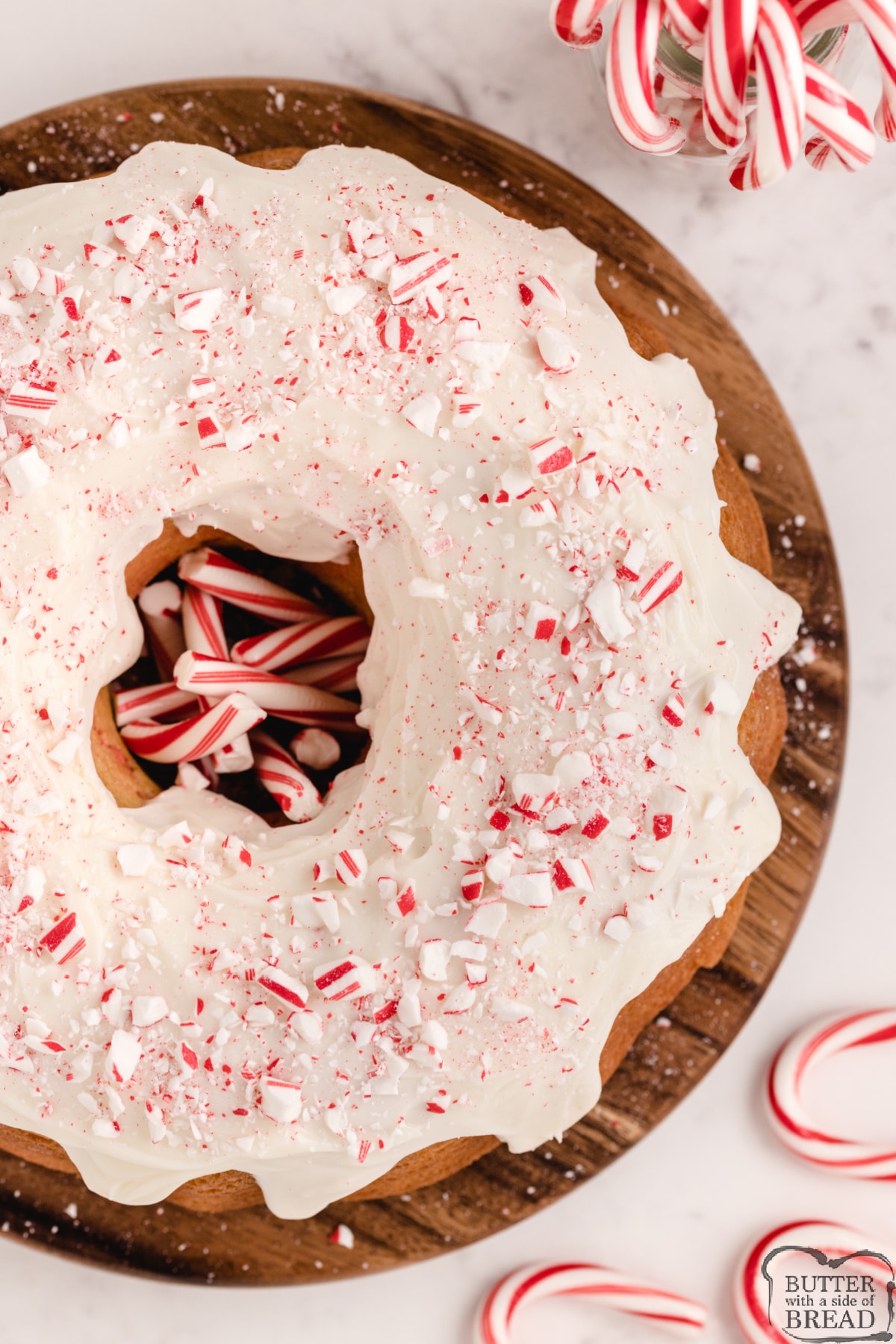 Peppermint cake recipe topped with creamy peppermint glaze