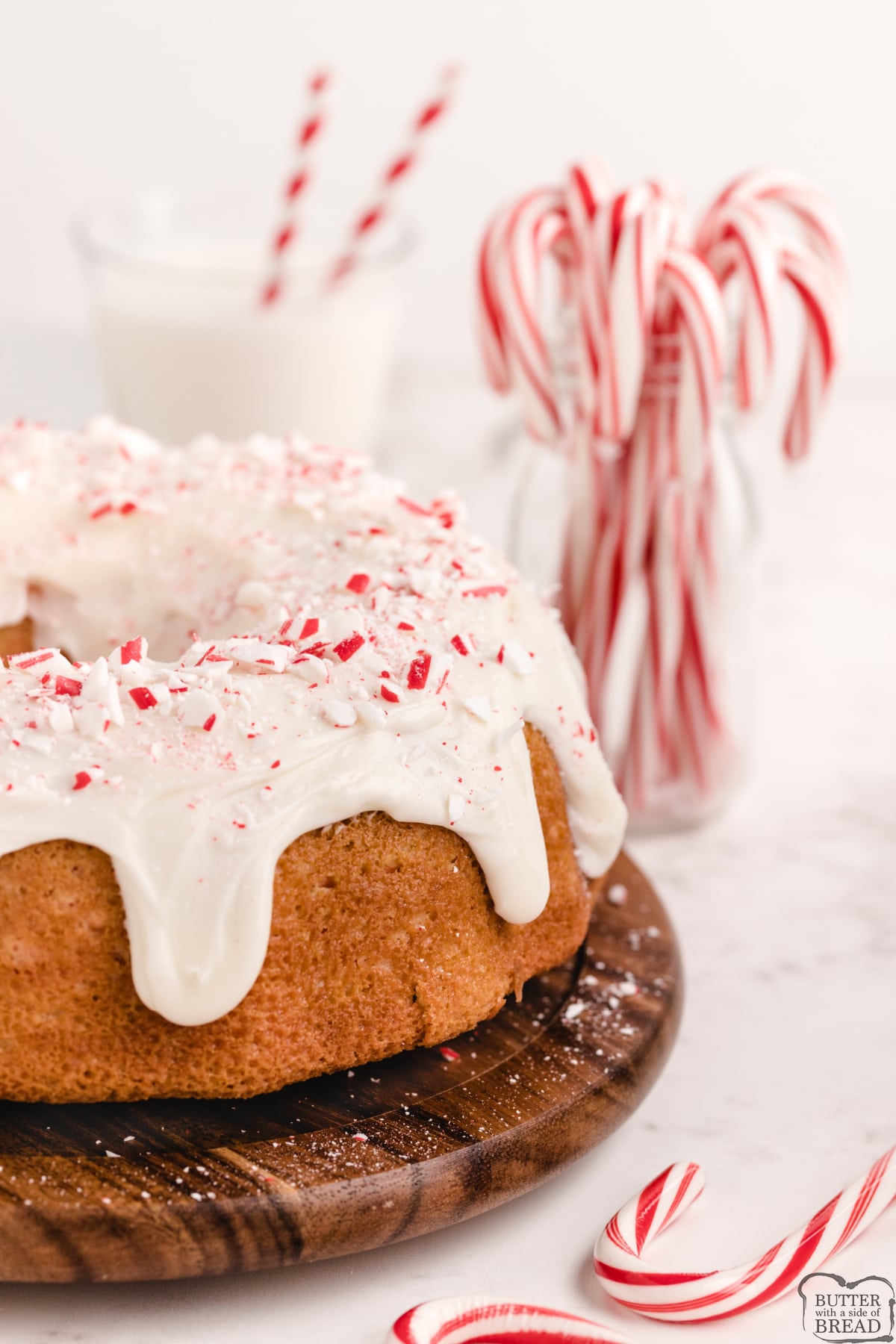 Peppermint cake topped with thick, creamy glaze