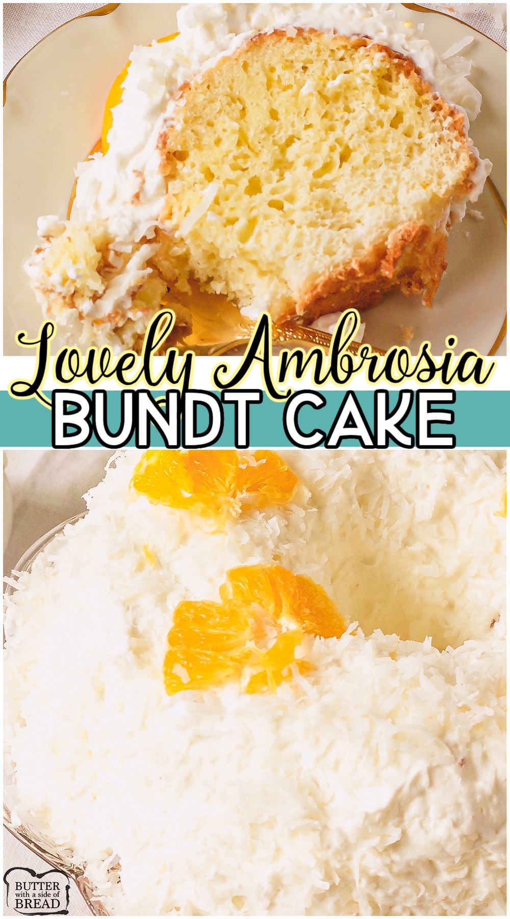 Ambrosia Bundt Cake is a fun twist on classic Ambrosia Salad, baked into a cake! Our Ambrosia Cake recipe packs all the coconut citrus flavors into a bundt cake that everyone enjoys!