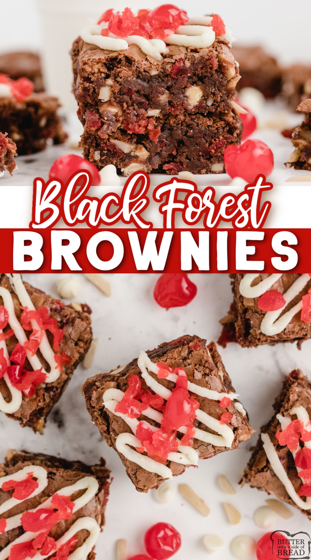 Black Forest Brownies are made with a delicious, from-scratch brownie recipe, that is mixed with white chocolate chips, chopped cherries and slivered almonds. These chocolate cherry brownies are then topped with a sensational cream cheese frosting and even more delicious cherries!