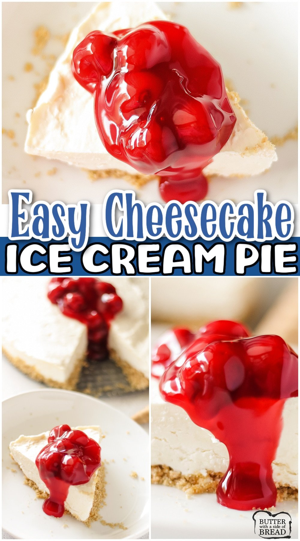 Cheesecake ice cream pie is a delightful cross between classic cheesecake & homemade ice cream! Creamy, rich ice cream pie with cheesecake flavors & topped with cherries, of course!