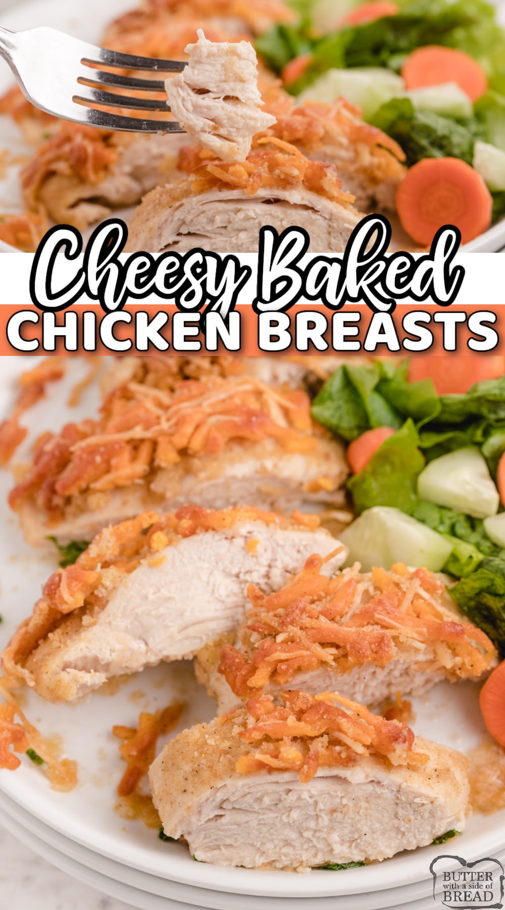 Cheesy Baked Chicken Breasts are coated in cheese, garlic, bread crumbs, parmesan and cheddar cheese. This baked chicken recipe is juicy, full of flavor and so easy to make! 