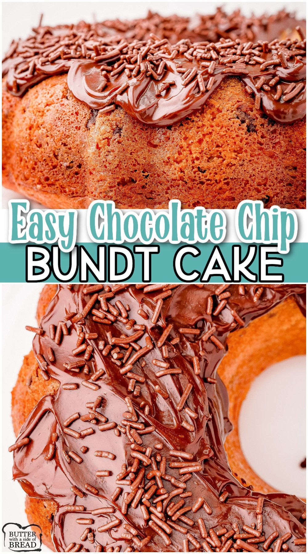 Easy Chocolate Chip Bundt Cake recipe with simple ingredients & show stopping results! Starts with a cake mix & is topped with a fabulous chocolate ganache that everyone loves!