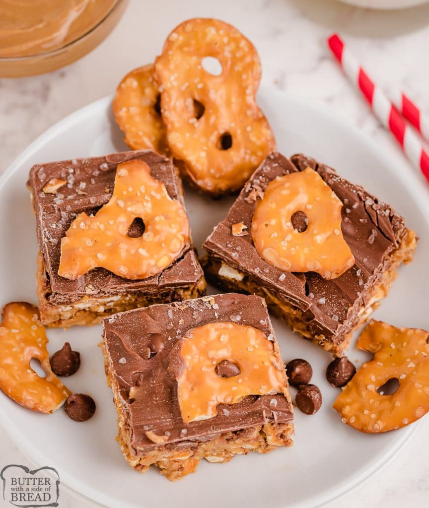 chocolate peanut butter pretzel bars cut into squares