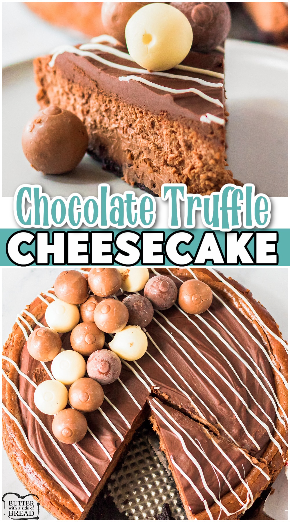 Chocolate Truffle Cheesecake made with classic cheesecake ingredients, baked, then topped with a decadent chocolate ganache and Lindt truffles! Indulgent homemade chocolate cheesecake recipe that everyone enjoys! 