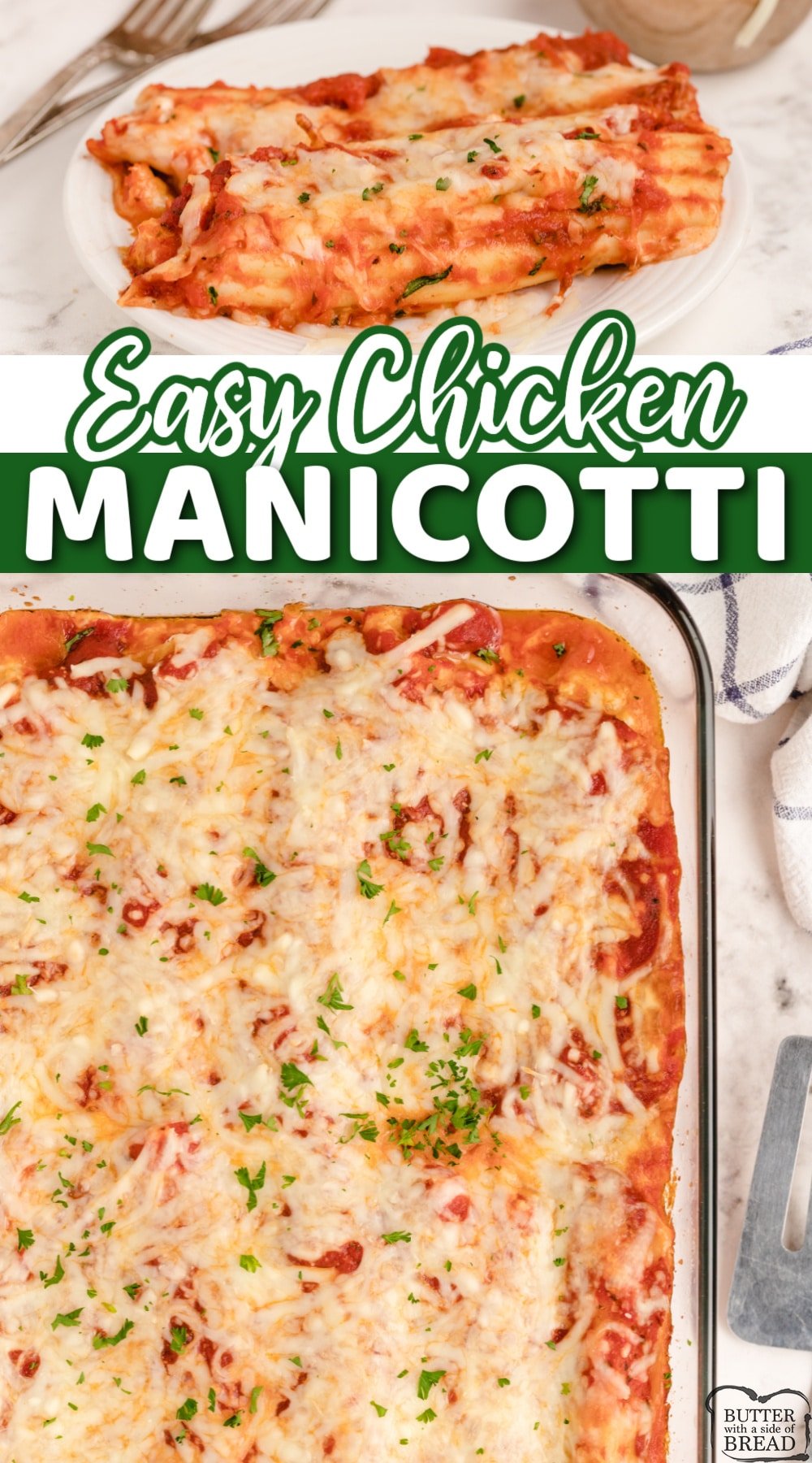 Easy Chicken Manicotti made with chicken, mozzarella cheese, alfredo sauce and spaghetti sauce. Chicken manicotti recipe made with only 5 ingredients! 