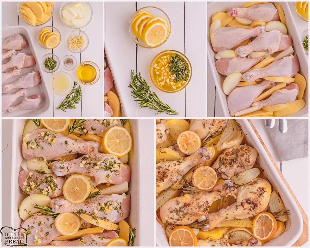steps to making a one pan lemon rosemary chicken drumstick dinner
