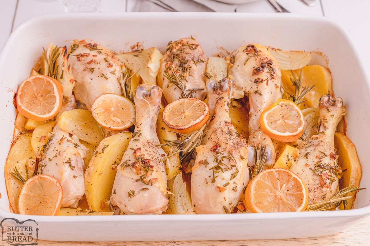 lemon rosemary chicken drumsticks with potatoes baked in a 9x13 pan