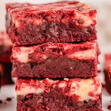 stacked red velvet cheesecake brownies