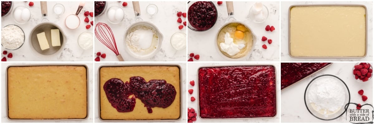 Step by step instructions on how to make Raspberry Almond Sheet Cake