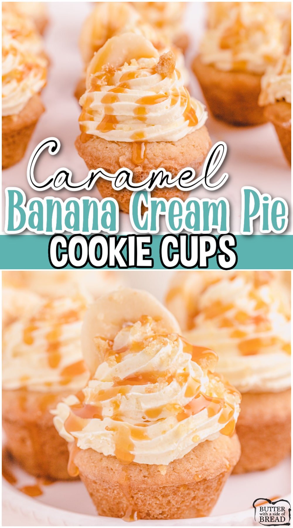Caramel Banana Cream Pie Cookies are banana cream pie in cookie form! Creamy banana filling with caramel all in a sugar cookie cup for an indulgent treat everyone loves!
