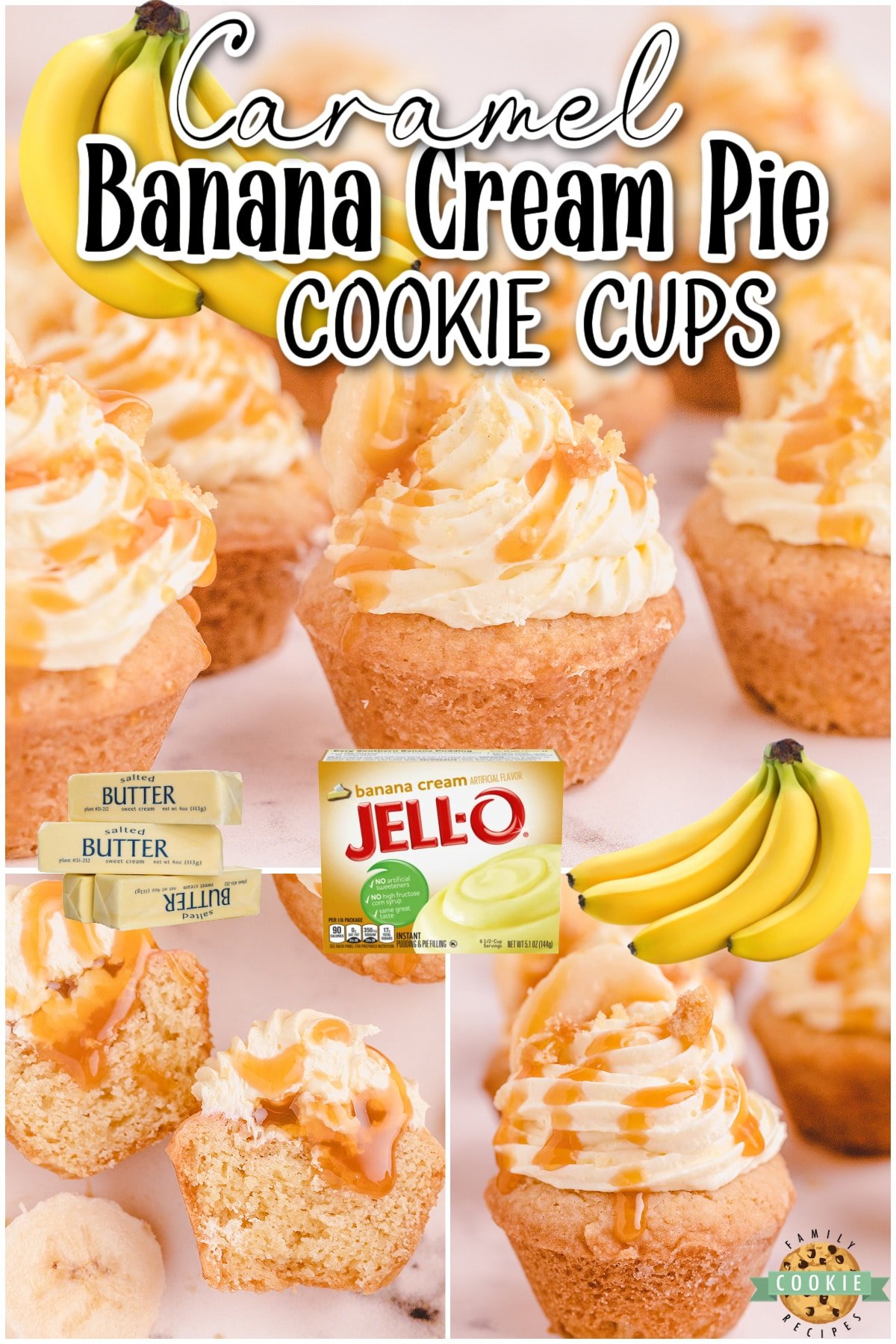 Caramel Banana Cream Pie Cookies are banana cream pie in cookie form! Creamy banana filling with caramel all in a sugar cookie cup for an indulgent treat everyone loves! 