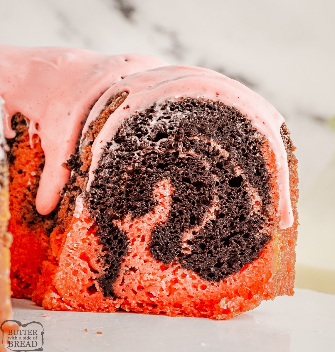 slice of chocolate strawberry bundt cake