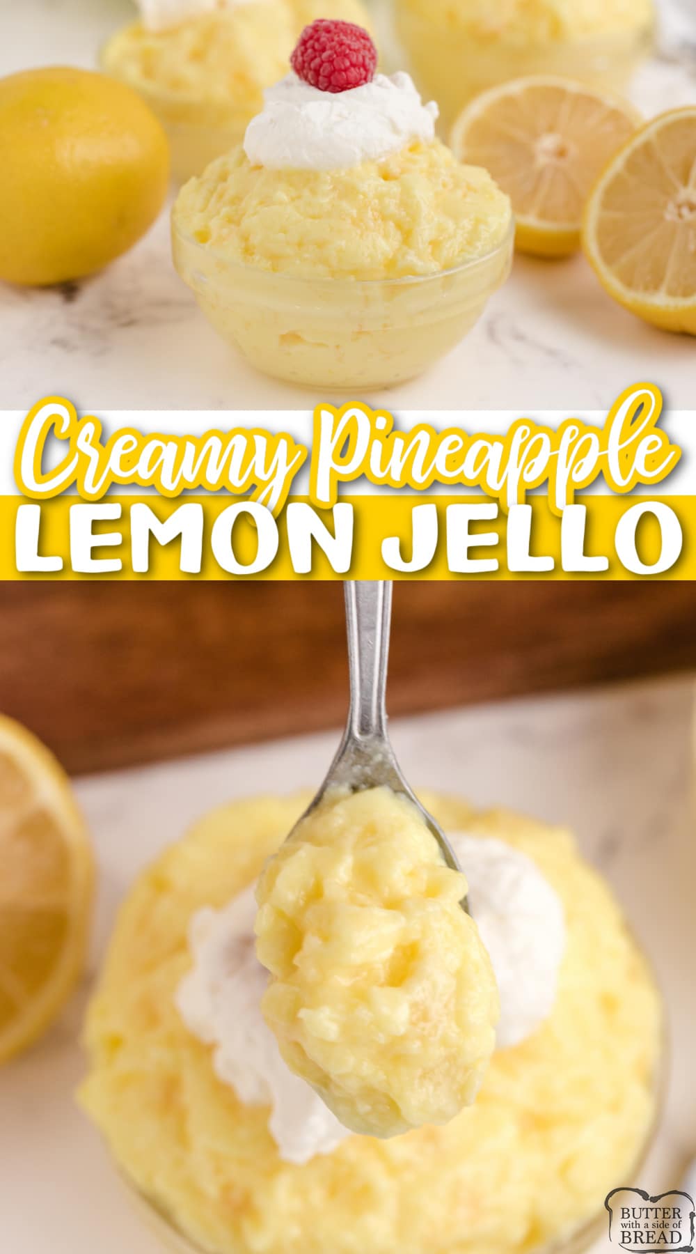 Creamy Pineapple Lemon Jello made with just 5 ingredients! This delicious jello recipe is made with lemon pudding, lemon jello and crushed pineapple.