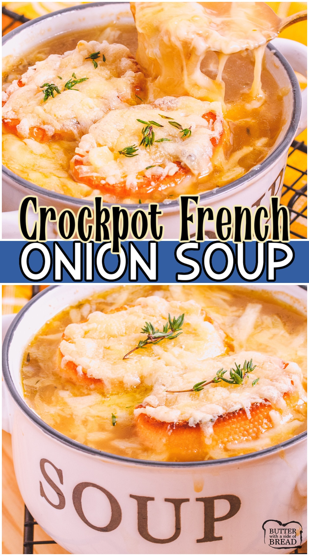 Slow Cooker French Onion Soup is made with caramelized onions & beef broth for a flavorful savory soup. French Onion Soup made easy in the crockpot for a simple & satisfying dinner!  