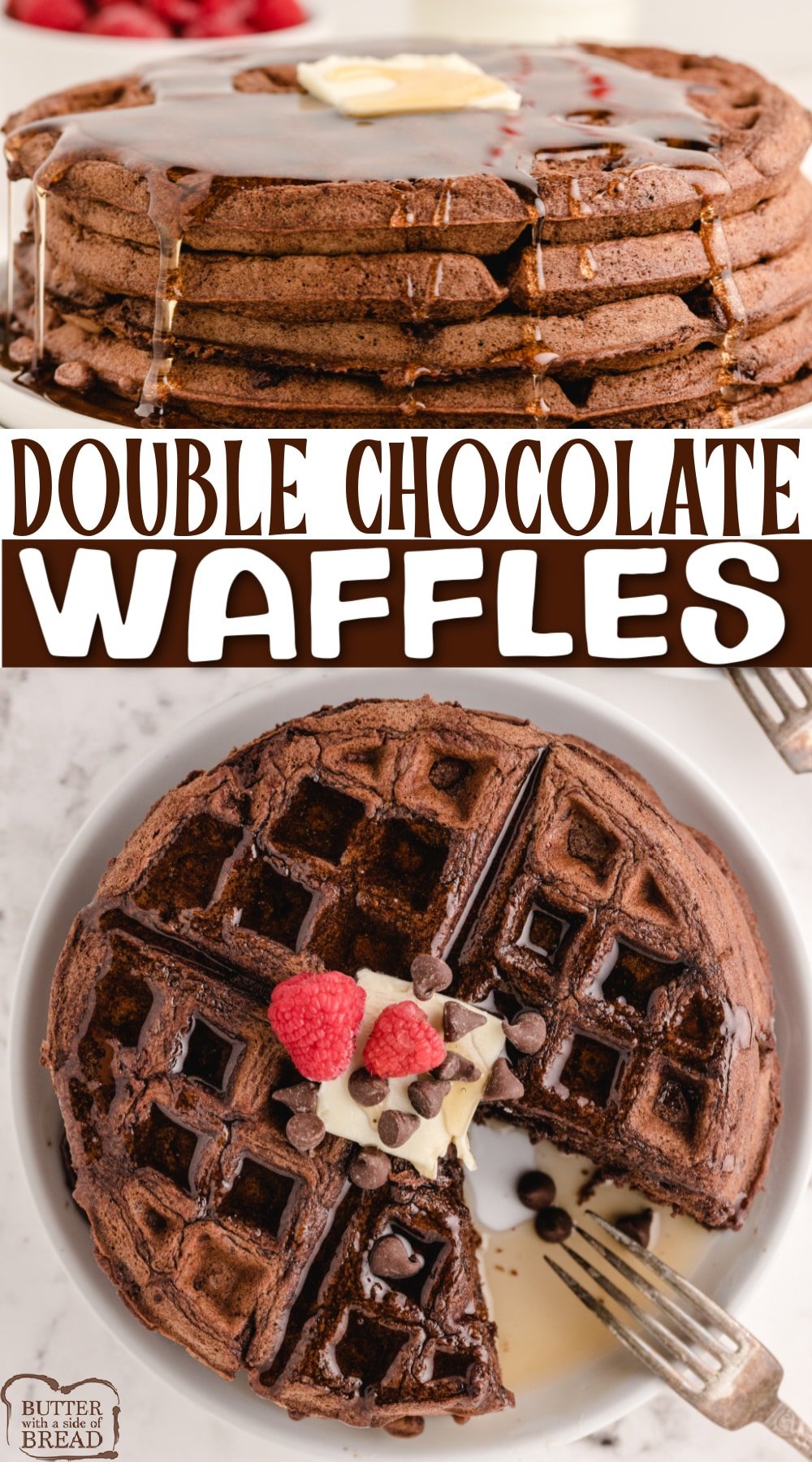 Double Chocolate Waffles made completely from scratch with cocoa powder and chocolate chips. Perfect waffle recipe for breakfast or dessert!