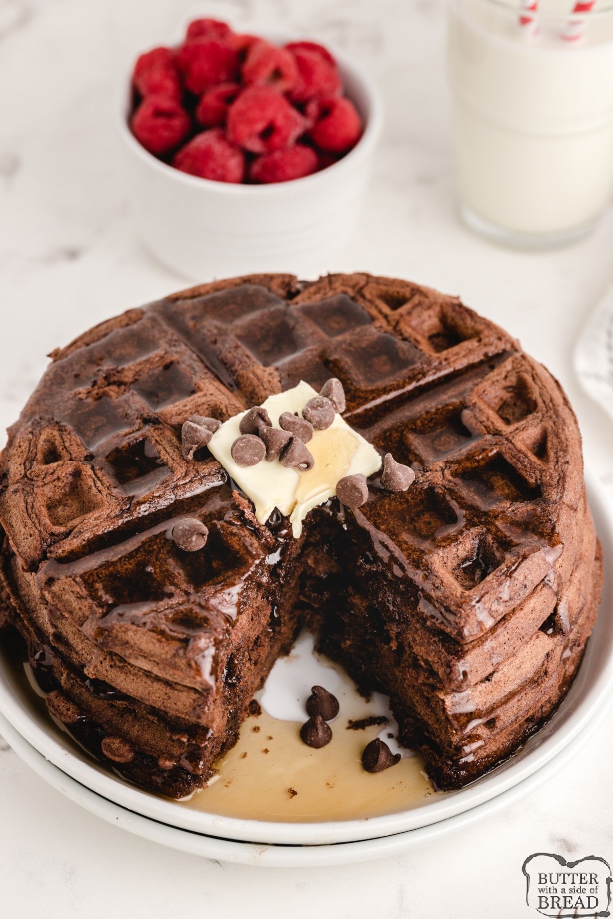 Waffles made from scratch with cocoa powder and chocolate chips