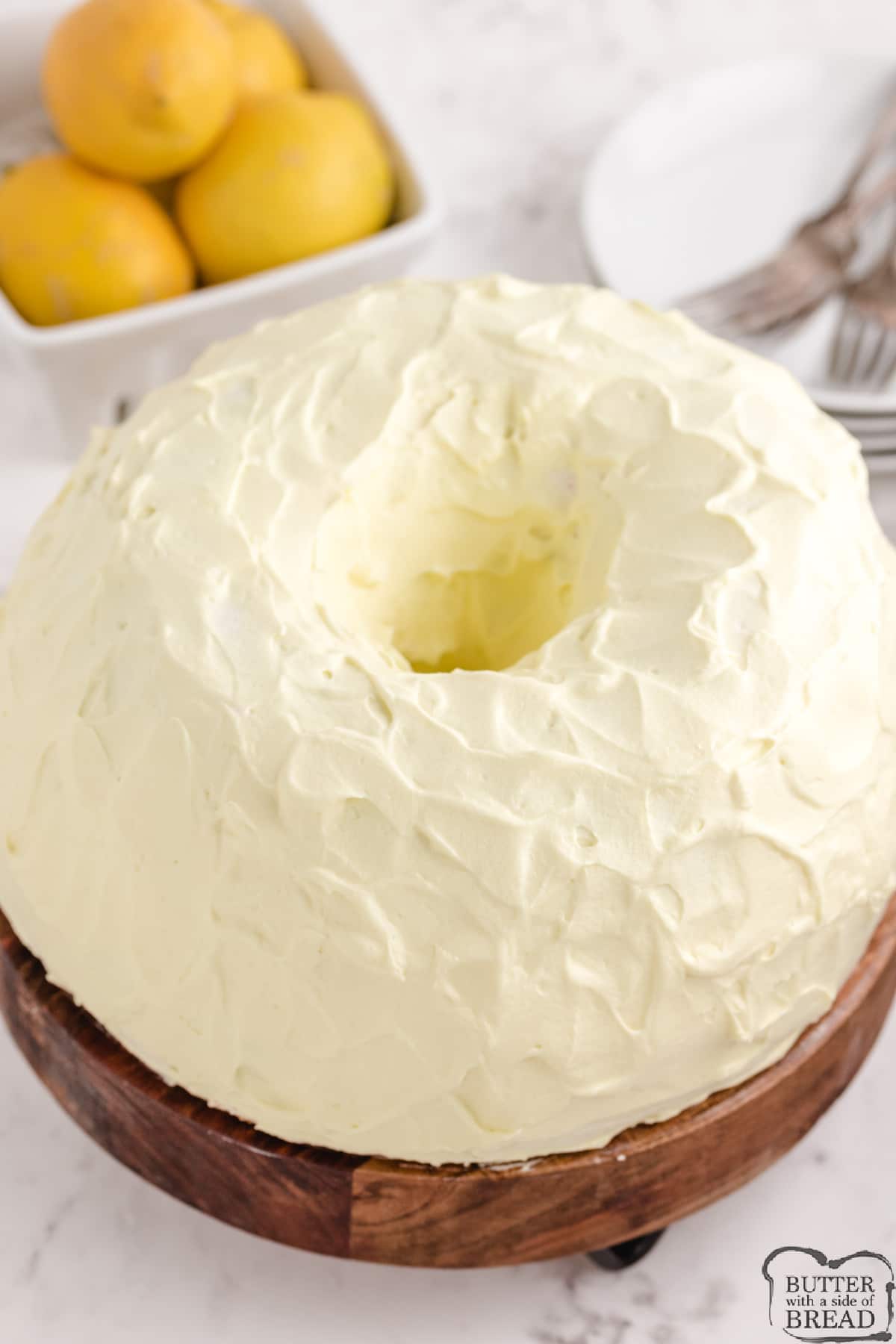 ayered Lemon Chiffon Cake is a light, refreshing dessert. Three layers of cake (made completely from scratch!) with lemon pie filling in between are all topped with a creamy, lemon whipped cream.