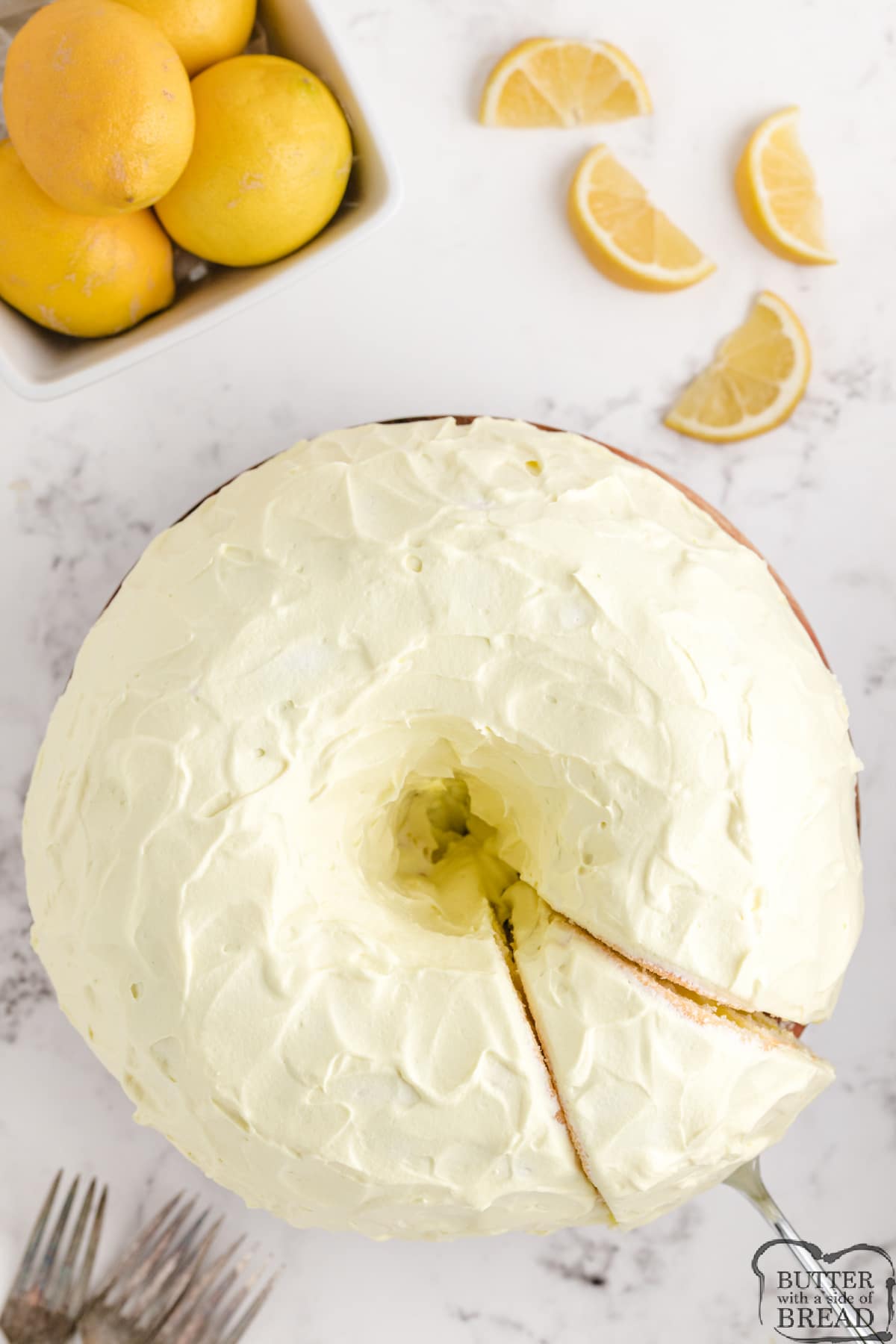 Lemon Bundt cake with lemon pie filling in between the layers
