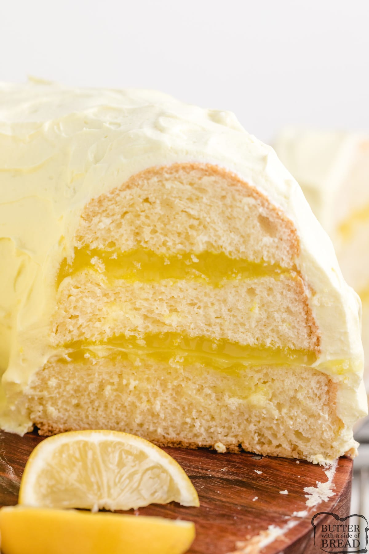 ayered Lemon Chiffon Cake is a light, refreshing dessert. Three layers of cake (made completely from scratch!) with lemon pie filling in between are all topped with a creamy, lemon whipped cream.