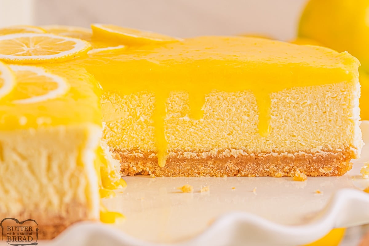 slice of lemon cheesecake topped with lemon curd