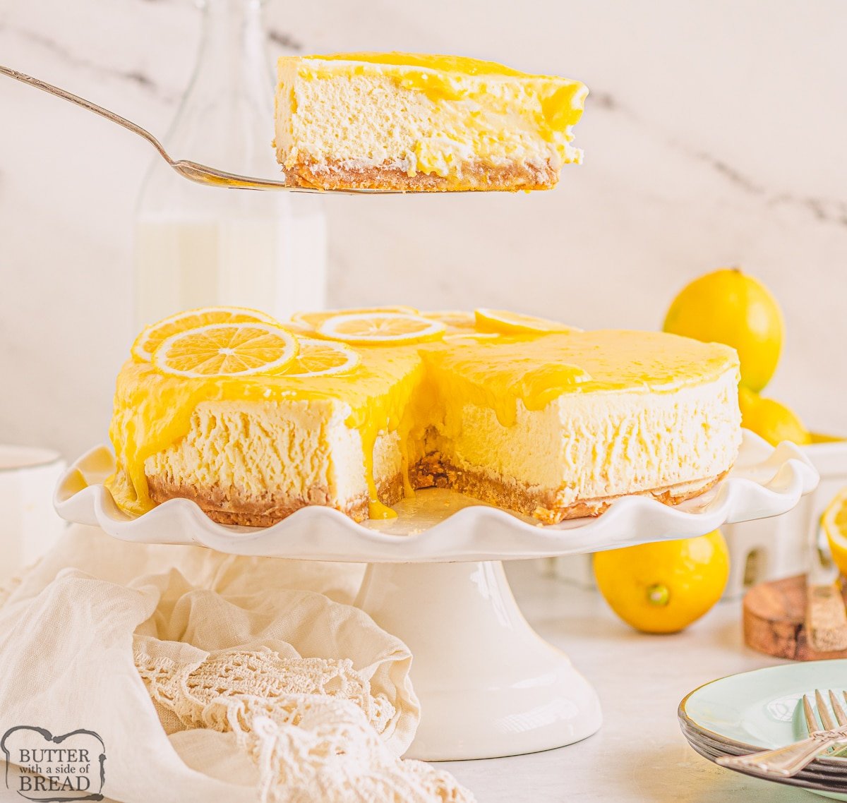 slice of lemon cheesecake with lemon curd