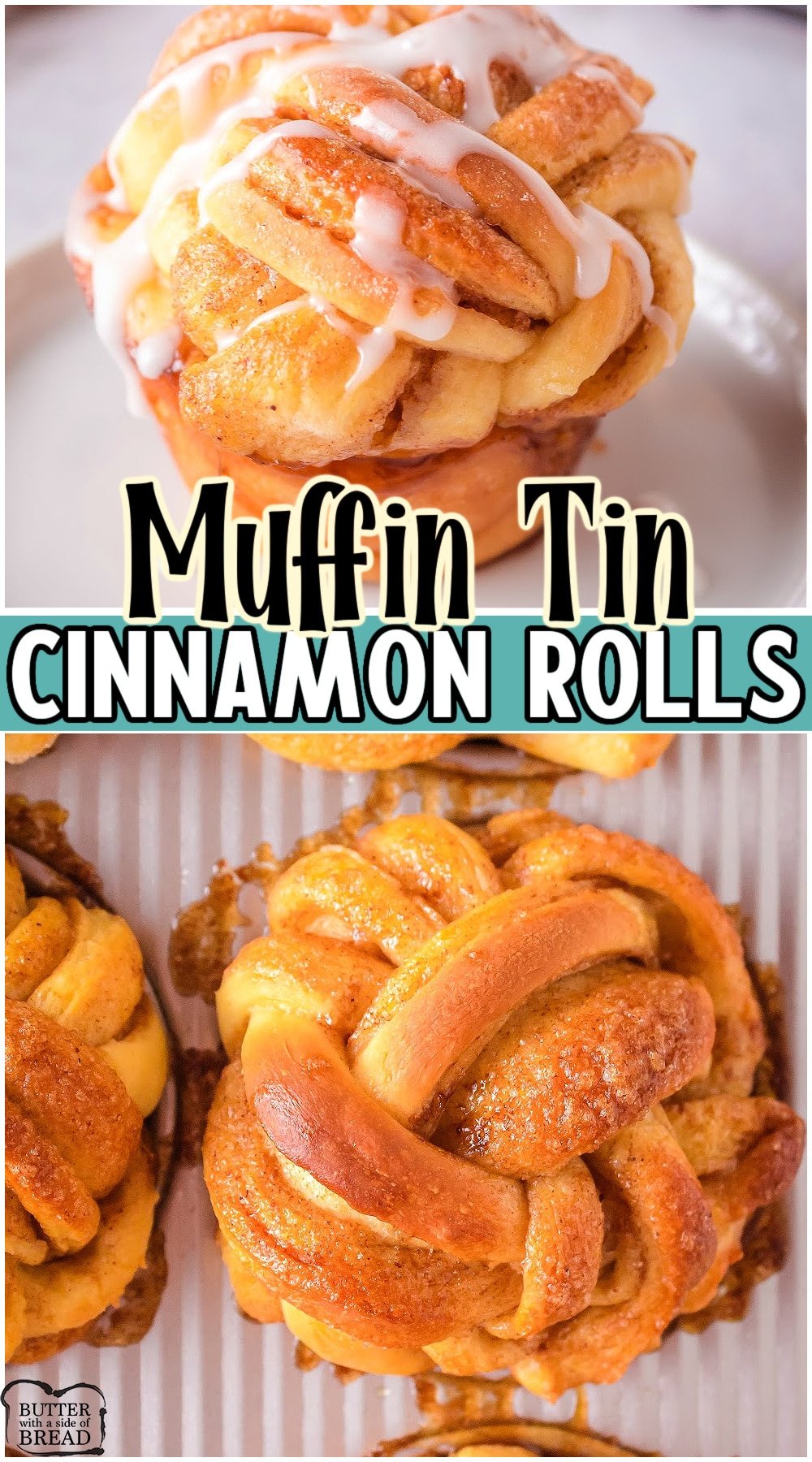 Muffin Tin cinnamon rolls made with traditional ingredients, then braided & baked in a muffin tin! Made from scratch these braided cinnamon rolls are fun & delicious! 