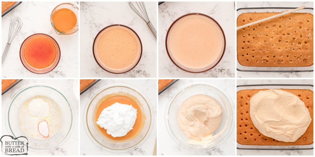 Step by step instructions on how to make Orange Creamsicle Poke Cake