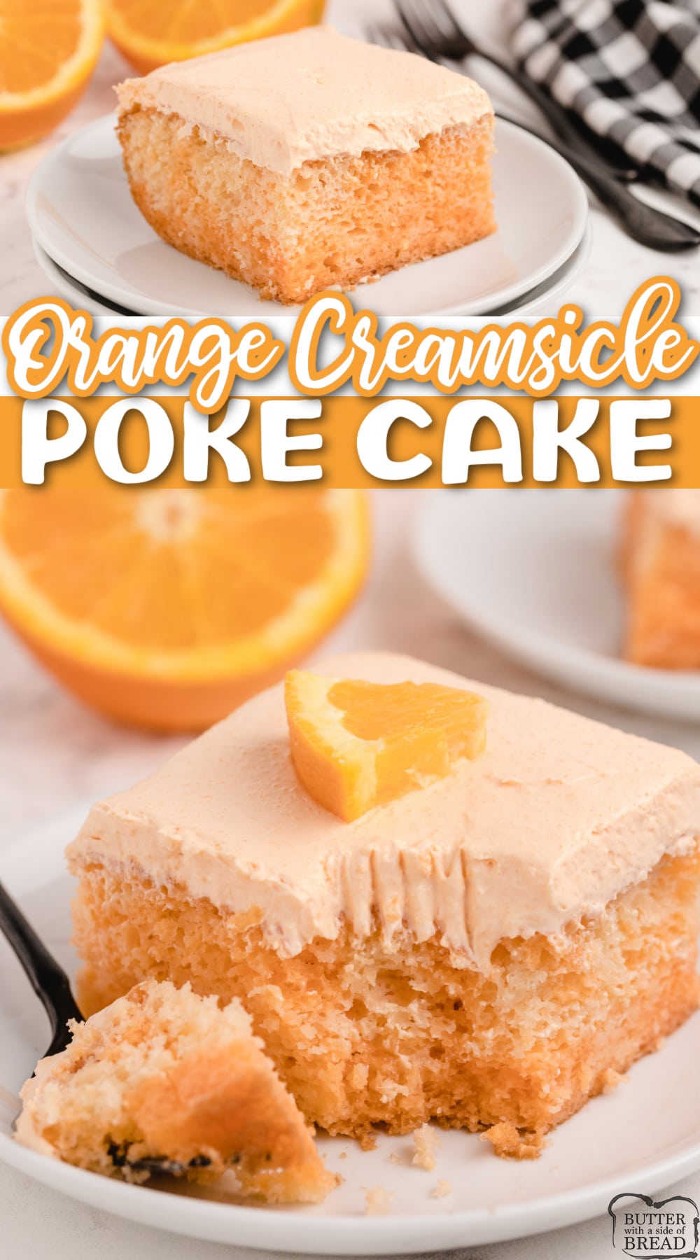 Orange Creamsicle Poke Cake made with a white cake mix, orange soda, orange Jello and vanilla pudding! Fun and fruity cake recipe that is perfect for a crowd!