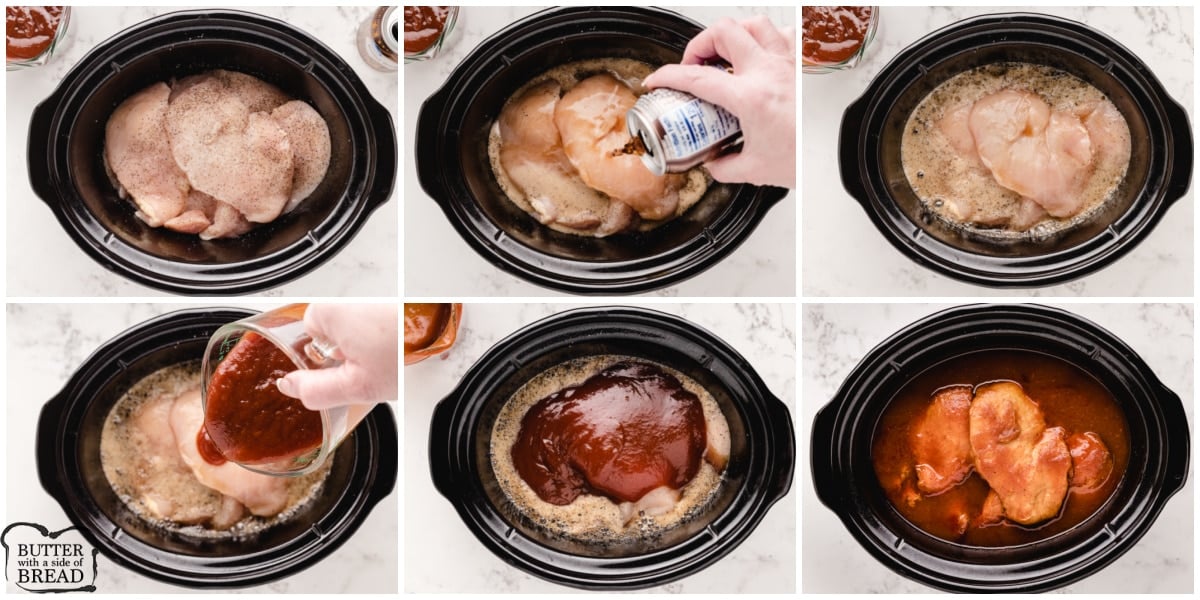 Step by step instructions on how to make slow cooker BBQ chicken with BBQ sauce and root beer