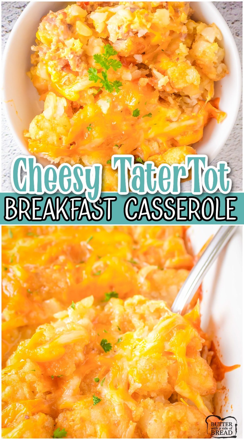 Tater Tot Breakfast Casserole with Sausage is packed with all your morning favorites: hash brown-like tater tots, savory sausage, gooey cheese, eggs, peppers, & bacon!  Easy, hearty breakfast casserole that everyone loves!