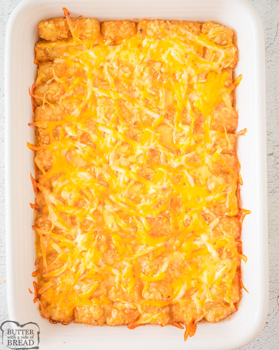pan of breakfast casserole made with tater tots