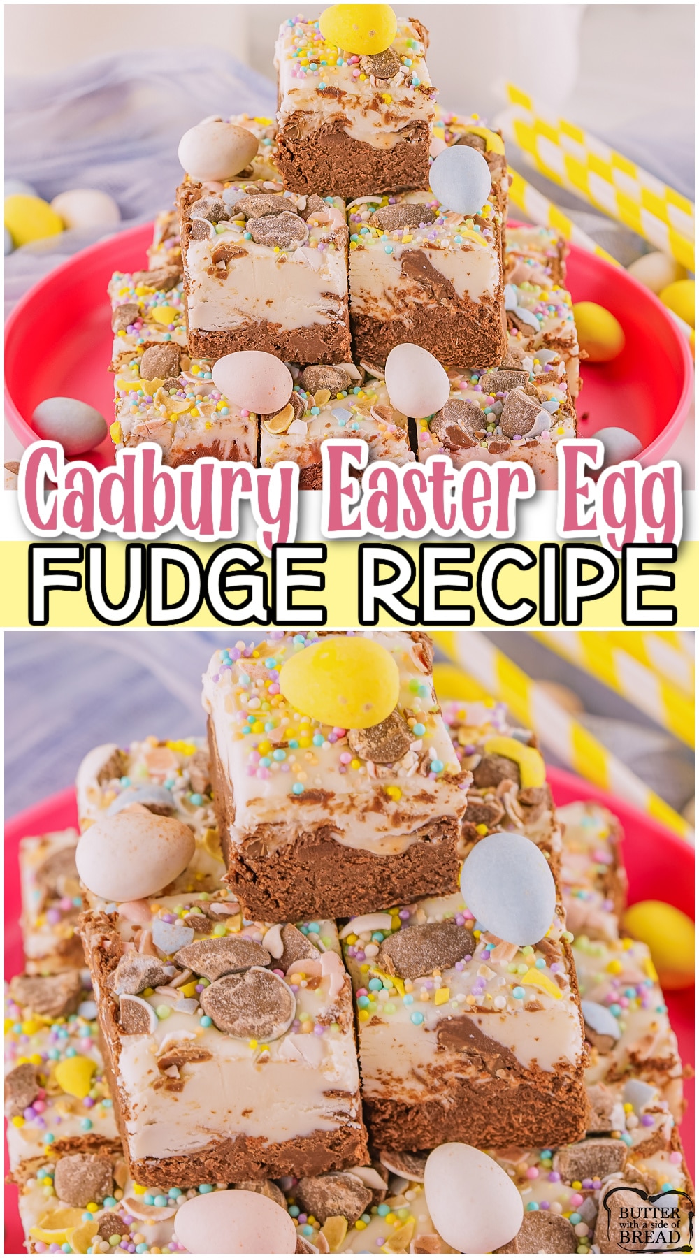 Cadbury Easter Egg Fudge made easy with all your favorite Easter candy! Cadbury eggs combined with a creamy layered chocolate fudge for a deliciously rich festive treat!