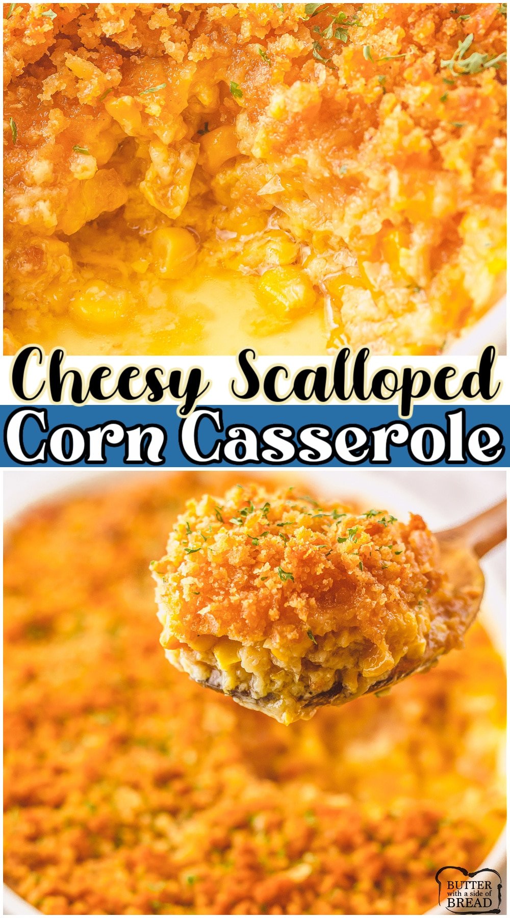 Scalloped Corn Casserole is an easy side dish made with corn, eggs, cheese, butter & Ritz crackers. Perfect savory corn side that goes well with holiday dinners! 