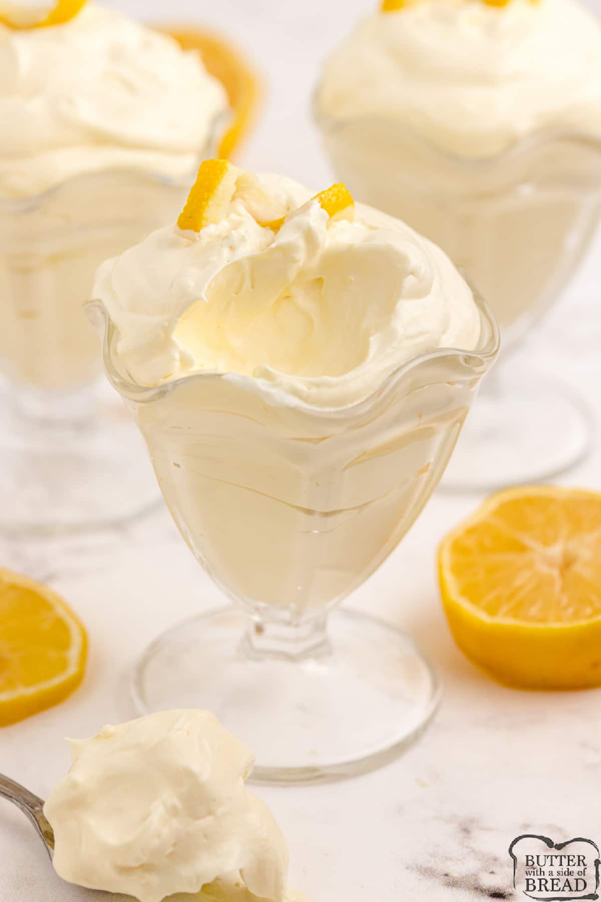 Lemon jello made with vanilla pudding and whipped topping