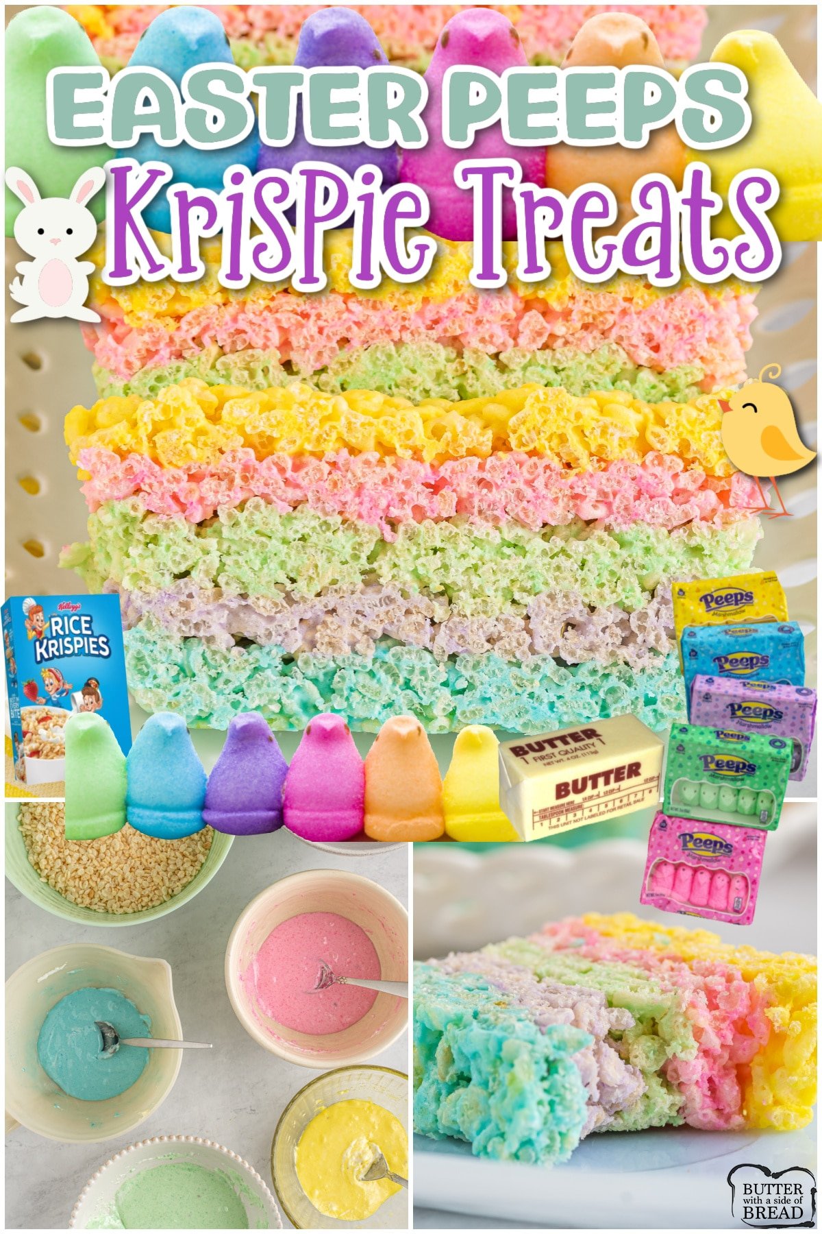 Easter Peeps Krispie Treats are a colorful & festive Easter dessert made with Peeps marshmallows! Classic rice krispie treats with a fun twist perfect for Easter. 