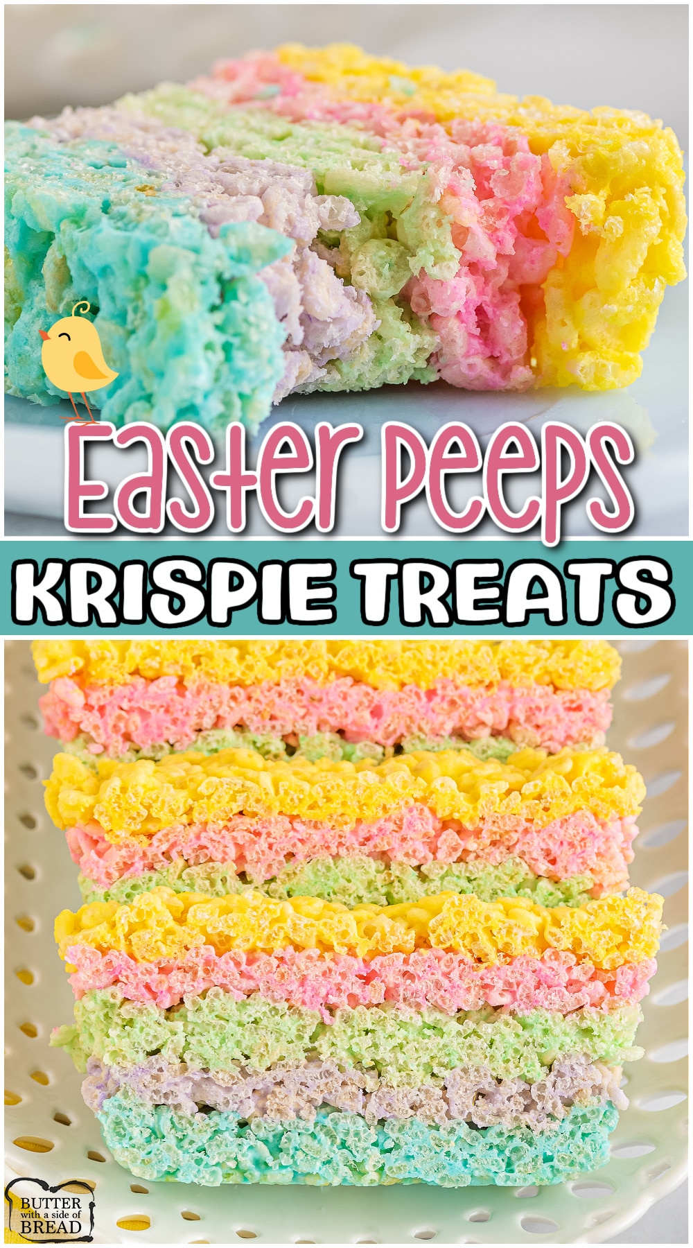 Easter Peeps Krispie Treats are a colorful & festive Easter dessert made with Peeps marshmallows! Classic rice krispie treats with a fun twist perfect for Easter. 