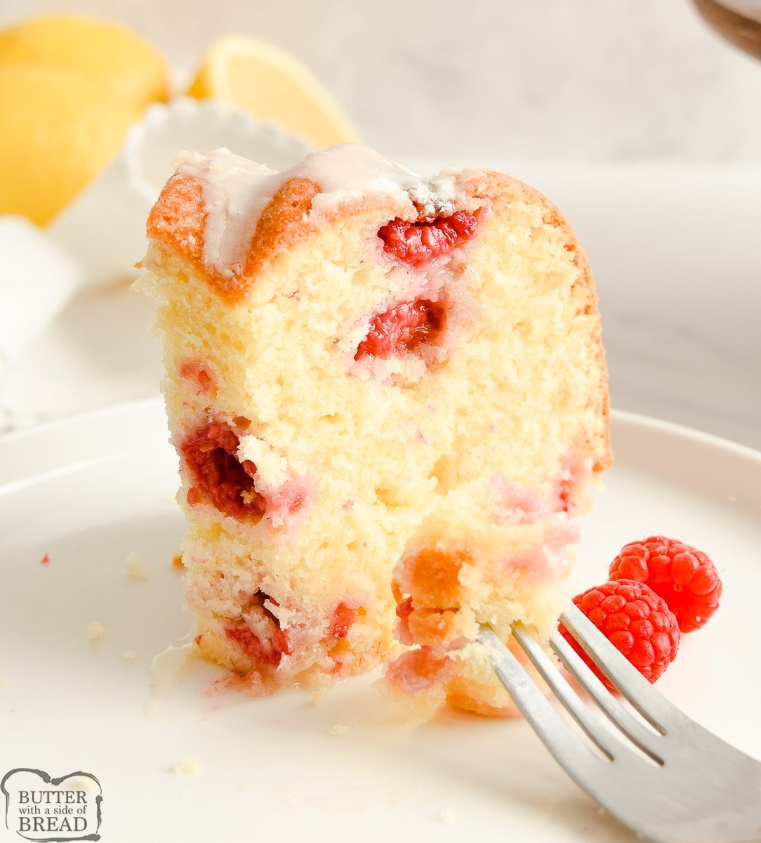 slice of lemon raspberry bundt cake