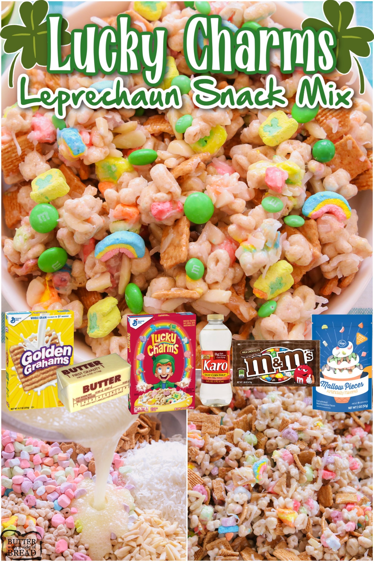 Lucky Charms Leprechaun Snack Mix is a fun twist on a classic perfect for St. Patrick's Day! Lucky Charms cereal, coconut, almonds & M&M's combine in a fun & festive sweet snack mix. 