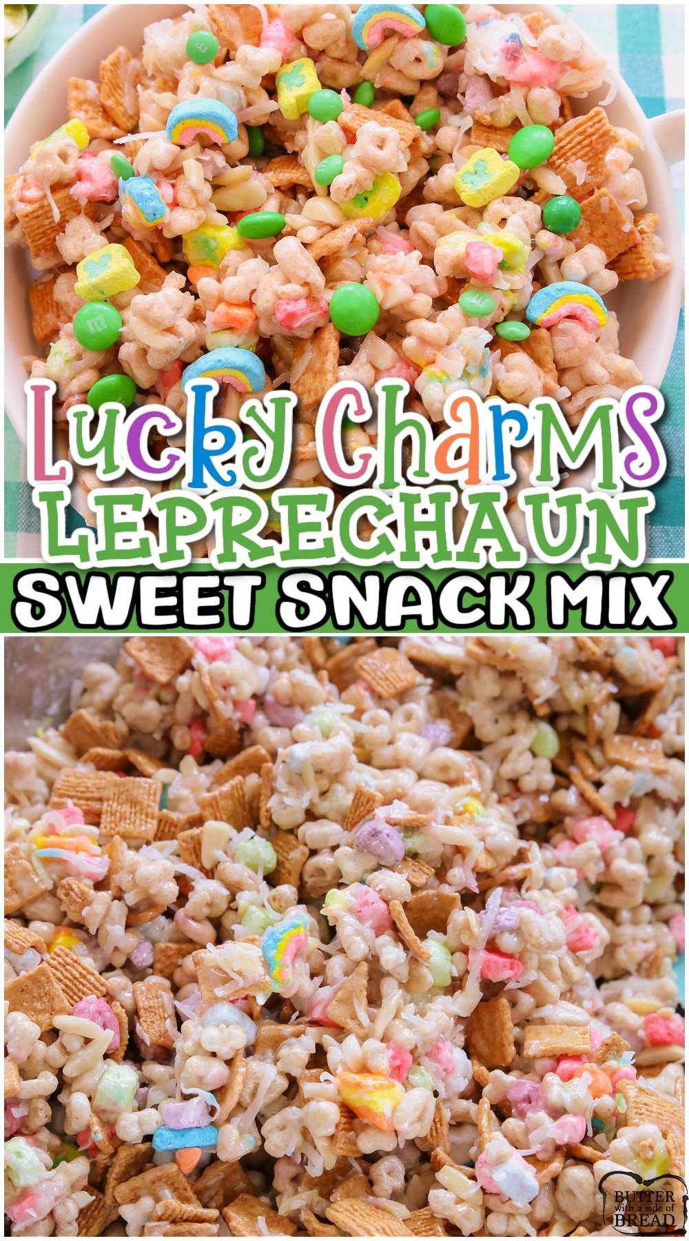Lucky Charms Leprechaun Snack Mix is a fun twist on a classic perfect for St. Patrick's Day! Lucky Charms cereal, coconut, almonds & M&M's combine in a fun & festive sweet snack mix. 