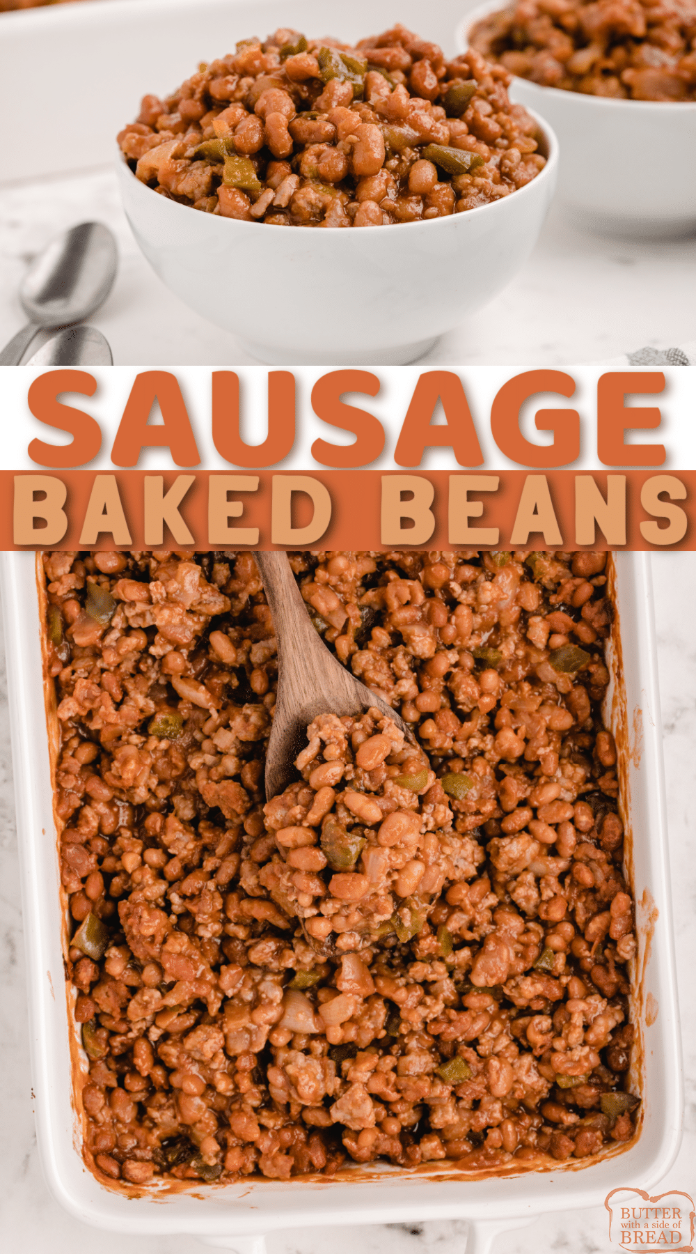 Sausage Baked Beans made by adding a few simple ingredients to canned beans. Delicious baked bean recipe with sausage, green pepper, onion, ketchup and brown sugar. 