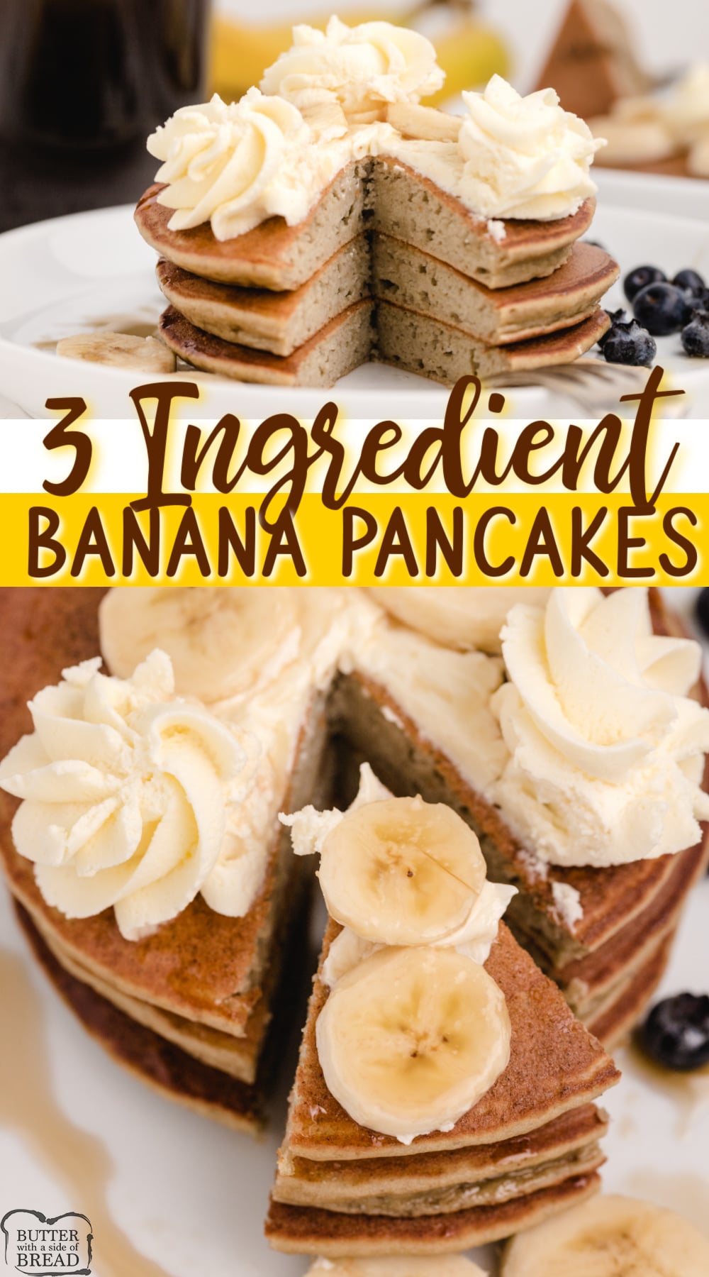 3 Ingredient Banana Pancakes made with bananas, eggs and self-rising flour. Delicious easy pancake recipe that is ready in minutes! 