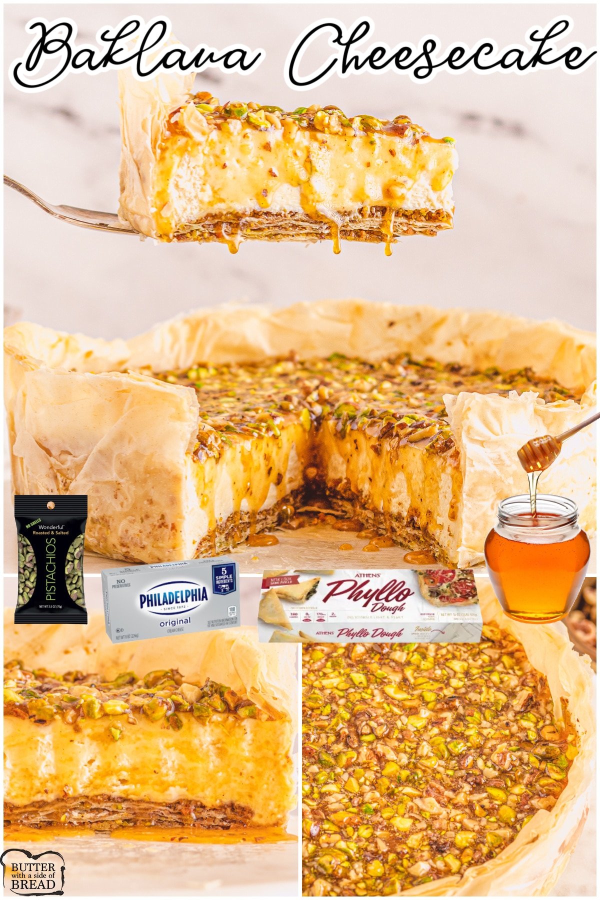 Baklava Cheesecake is everything you love about Baklava in cheesecake form! This Greek Baklava cheesecake is a perfect blend of buttery phyllo dough, sweet honey, crunchy nuts, and creamy rich cheesecake!