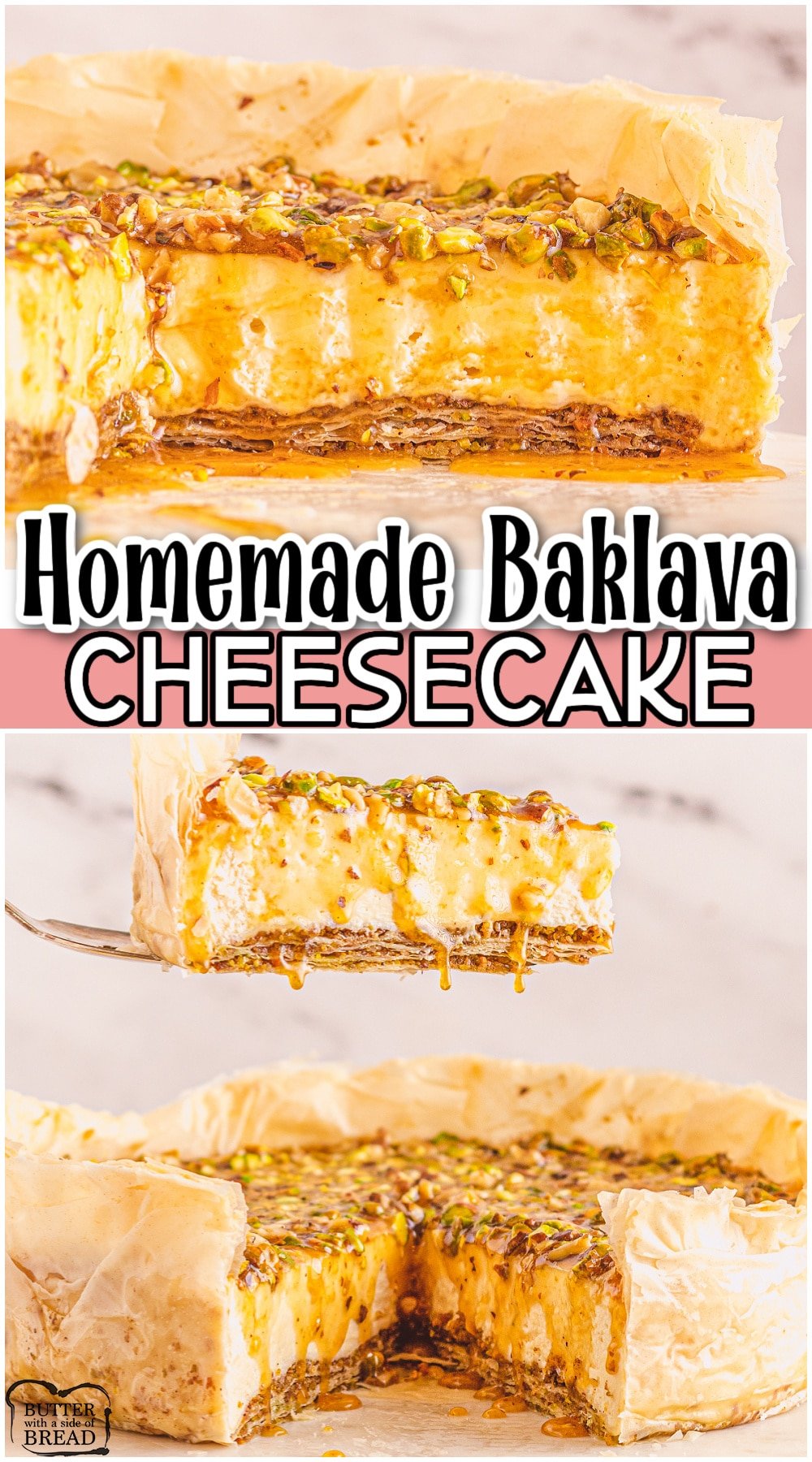 Baklava Cheesecake is everything you love about Baklava in cheesecake form! This Greek Baklava cheesecake is a perfect blend of buttery phyllo dough, sweet honey, crunchy nuts, and creamy rich cheesecake!